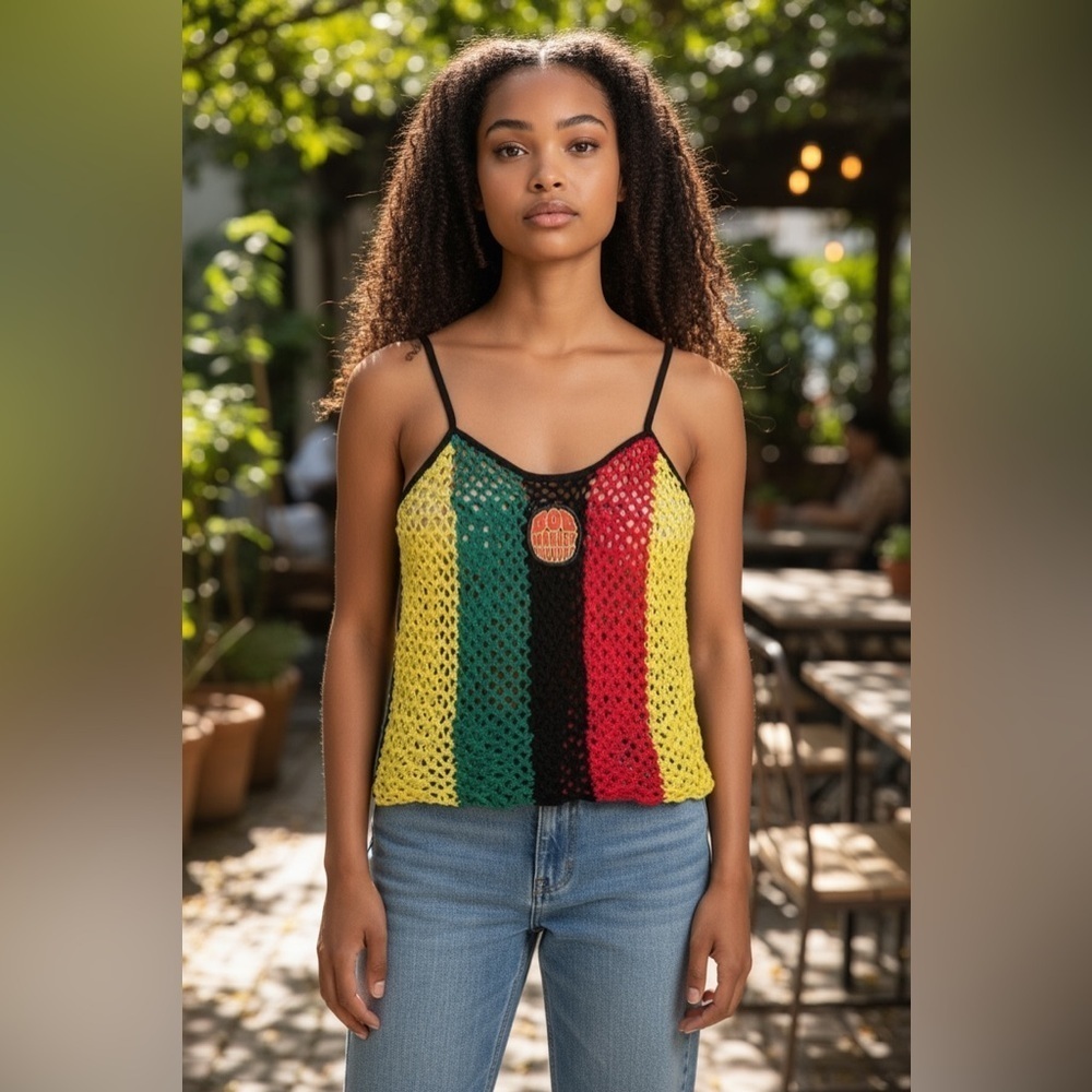 Bob Marley Zion Rootswear Colorful Striped Crochet Crop Top Women’s Size L NWT